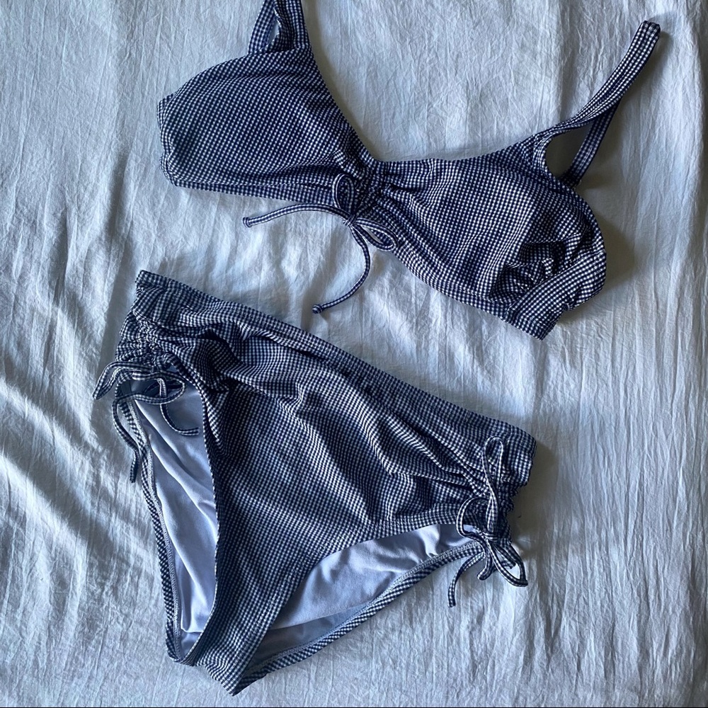Vintage inspired Swim Suit blue and white plaid high waist